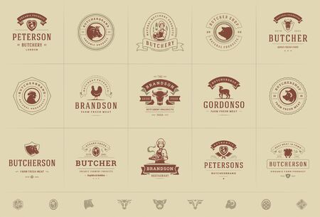 Butcher shop logos set vector illustration good for farm or restaurant badges with animals and meat silhouettesのイラスト素材