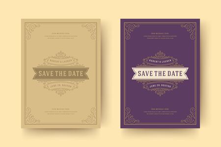 Wedding invitation save the date card template flourishes ornaments vignette swirlsのイラスト素材
