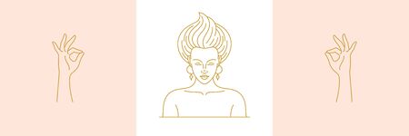 Vector line minimal decoration design elements set - female face and gesture hands illustrations minimal linear styleのイラスト素材