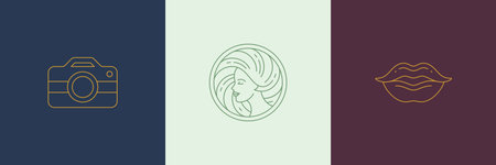 Vector line decoration design elements set - female face and lips illustrations simple minimal...