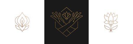 Vector line feminine decoration design elements set - flowers and female gesture hands illustrations linear styleのイラスト素材