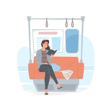 Modern woman reading book in underground trainのイラスト素材