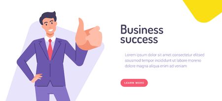 Vector illustration with businessman character in suit smiling and gesturing thumb up near business success inscriptionのイラスト素材