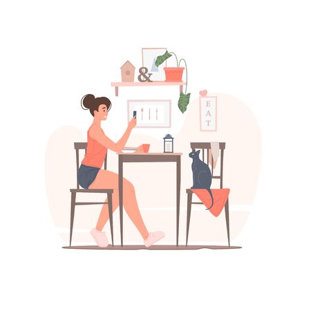 Woman with smartphone having breakfast with cat vector illustration.のイラスト素材