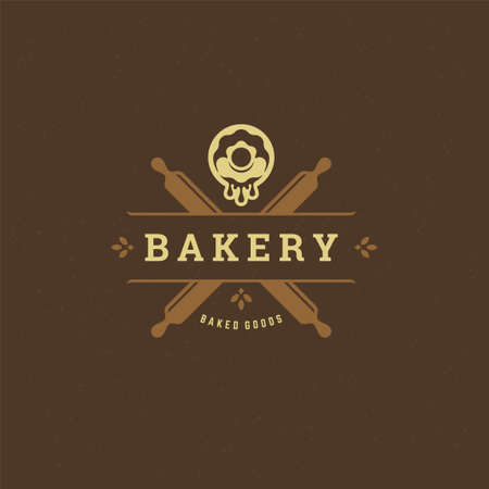 Bakery badge or label retro illustration rolling pins and donut silhouettes for bake house.のイラスト素材