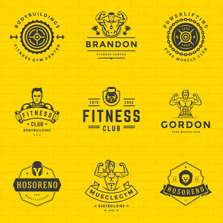 Fitness logos and badges design sport equipment and people set vector illustration. Retro typographic labels templates with sport symbols and silhouettes.のイラスト素材