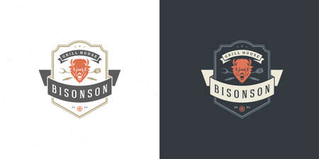 Barbecue logo vector illustration grill steak house or bbq restaurant menu emblem bison head with forks silhouetteのイラスト素材