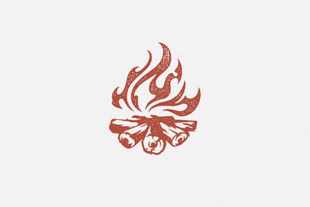 Red silhouette of hot campfire burning on logs on campsite hand drawn stamp effect vector illustration.のイラスト素材