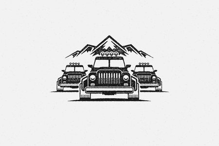 Silhouette of off road cars near mountain range during trip countryside hand drawn stamp effect vector illustrationのイラスト素材