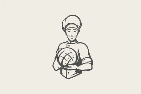 Man baker in chef uniform holding loaf of fresh bread working in bakery hand drawn stamp effect vector illustration.のイラスト素材