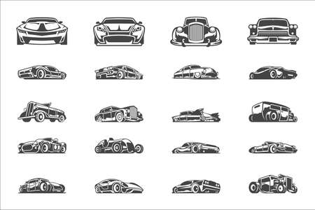 Vintage classic car silhouettes and icons isolated on white background vector illutrations set.のイラスト素材