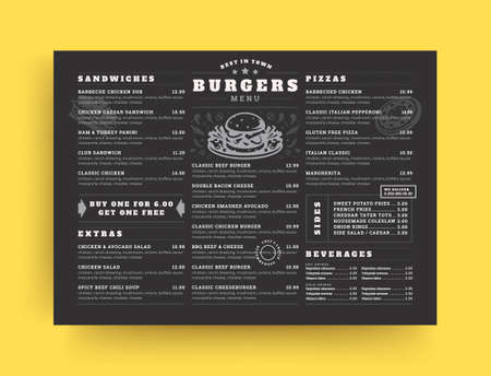 Burger restaurant menu layout design brochure or food flyer template vector illustration.のイラスト素材