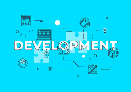Development text concept modern flat style vector illustration red banner with outline icons