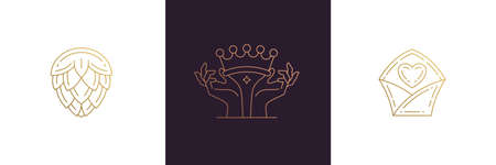 Vector line feminine decoration design elements set - crown and female gesture hands illustrations minimal linear styleのイラスト素材