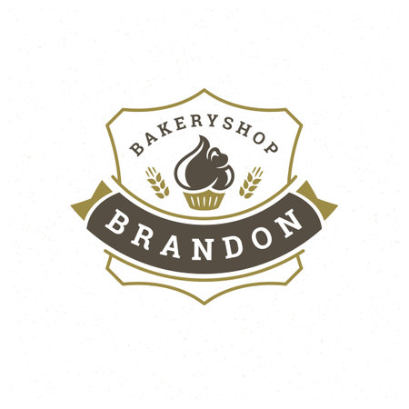 Bakery badge or label retro vector illustration cupcake and wheat silhouettes for bakehouse.のイラスト素材
