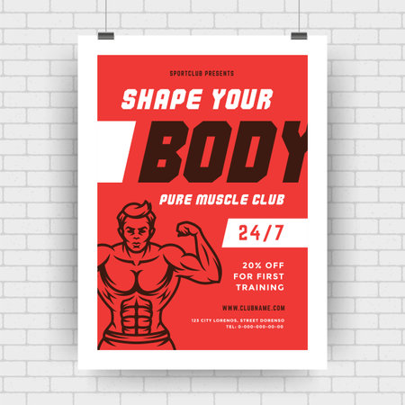 Fitness center flyer modern typographic layout, event cover design template with bodybuilder man silhouetteのイラスト素材