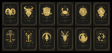 Zodiac astrology horoscope cards linocut silhouettes design vector illustrations setのイラスト素材
