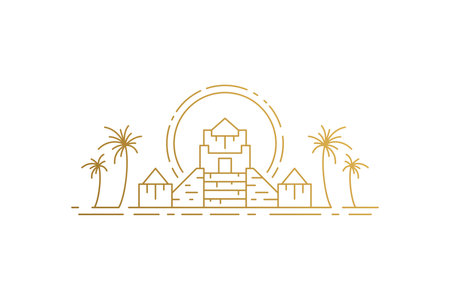 Egyptian pyramid and palms and sun silhouette linear vector illustration.のイラスト素材