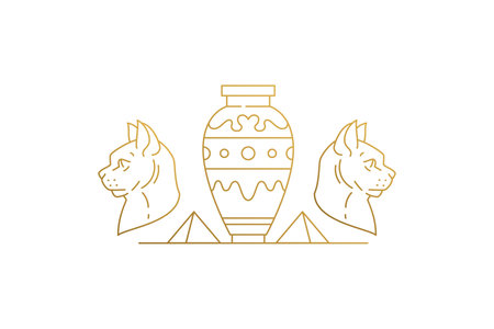 Cat heads near vase and pyramids silhouette linear vector illustrationのイラスト素材