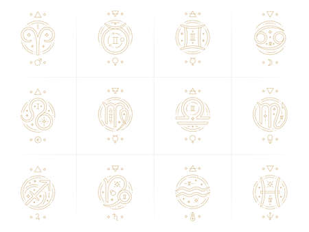 Zodiac astrology horoscope glyphs linear design vector illustrations setのイラスト素材