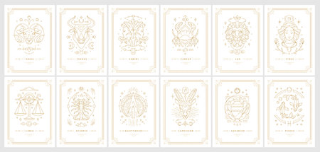 Zodiac astrology horoscope cards linear design vector illustrations set