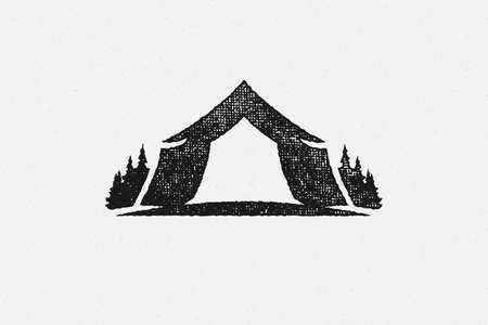 Silhouette of tent located on campsite near coniferous forest in countryside hand drawn stamp effect vector illustrationのイラスト素材