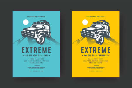 Off road truck competition poster or flyer event modern typography design template and 4x4 suv car silhouette.のイラスト素材