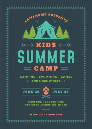 Kids summer camp poster or flyer event retro typography design template and forest lanscape and tent backgroundのイラスト素材