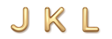 Yellow letters 3d J K L balloons vector icons. Gold metal font with shiny typography and luxurious style.のイラスト素材