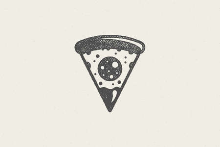 Slice of pizza silhouette with tomato and cheese hand drawn stamp effect vector illustration.のイラスト素材