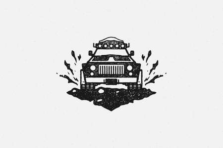 Black silhouette of off road car designed as symbol of travel through nature hand drawn stamp effect vector illustrationのイラスト素材
