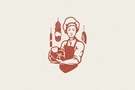 Man in apron and cap demonstrating piece of fresh meat hand drawn stamp effect vector illustration.のイラスト素材