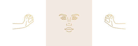 Vector line feminine decoration design elements set - female face and gesture hands illustrations minimal linear styleのイラスト素材