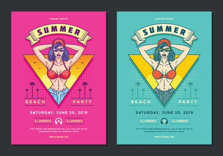 Summer beach party flyer or poster template 90s pop art styleのイラスト素材