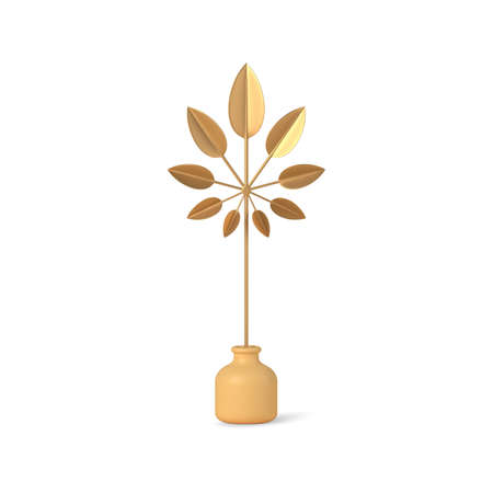 Exotic golden 3d branch with leaves in vase vector templateのイラスト素材