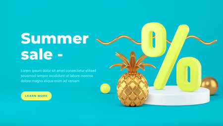 Podium with 3d discount percentages and golden pineapple vector banner templateのイラスト素材