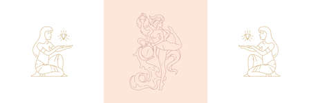 Magic ancient priestess and female aquarius in boho linear style vector illustrations set.のイラスト素材