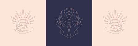 Magic diamonds and woman hands with moon crescent in boho linear style vector illustrations set.のイラスト素材
