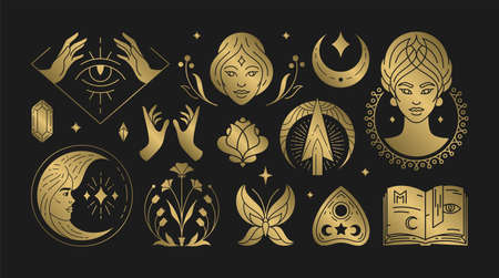 Magic woman boho vector illustrations of graceful feminine women and esoteric symbols setのイラスト素材