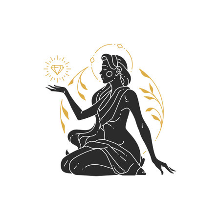 Beautiful bohemian woman with floral decor and gemstone silhouette.のイラスト素材