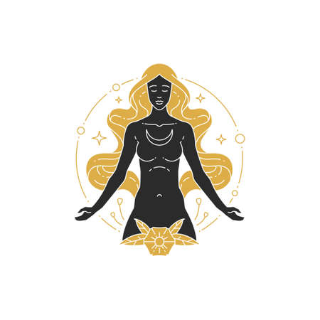 Beautiful bohemian female with moon crescent silhouette modern drawingのイラスト素材