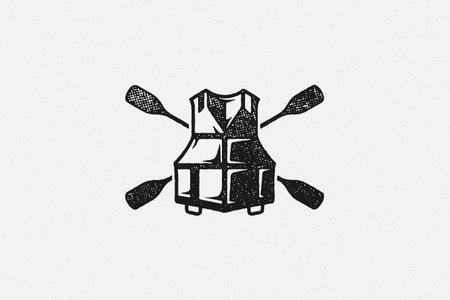 Silhouette of paddles crossed behind life vest as logo of boating hand drawn stamp effect vector...