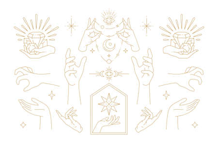 Female hands gestures collection of line art hand drawn style vector illustrationsのイラスト素材