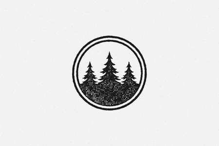 Spruce trees depicted inside circle isolated on white background hand drawn stamp effect vector illustrationのイラスト素材