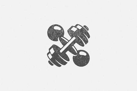 Heavy crossed dumbbells silhouette as symbol of weightlifting training in gym hand drawn stamp vector illustration.のイラスト素材