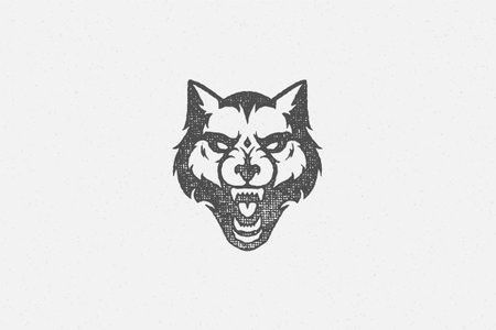 Angry wolf head growling as symbol strength wildlife hand drawn stamp effect vector illustration.