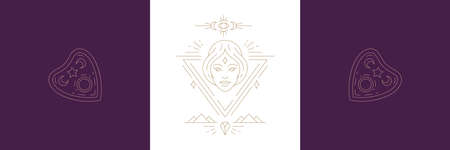 Magic woman face and ouija board pointer in boho linear style vector illustrations set.のイラスト素材