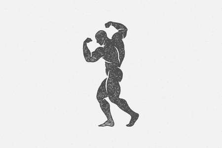 Powerful bodybuilder showing muscles silhouette hand drawn stamp vector illustration.のイラスト素材