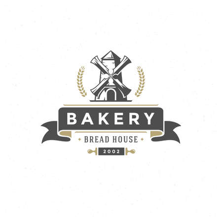 Bakery badge or label retro vector illustration. Mill silhouette for bakehouse.のイラスト素材