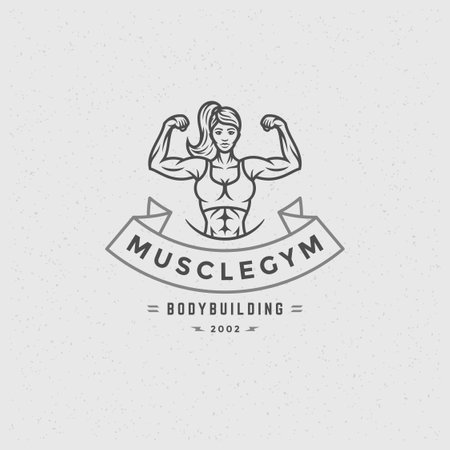 Bodybuilder woman logo or badge vector illustration female bodybuilding symbol silhouetteのイラスト素材